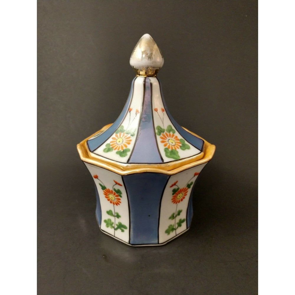 Vintage Lusterware Covered Candy Dish Peach Blue Gold Ceramic Porcelain Painted